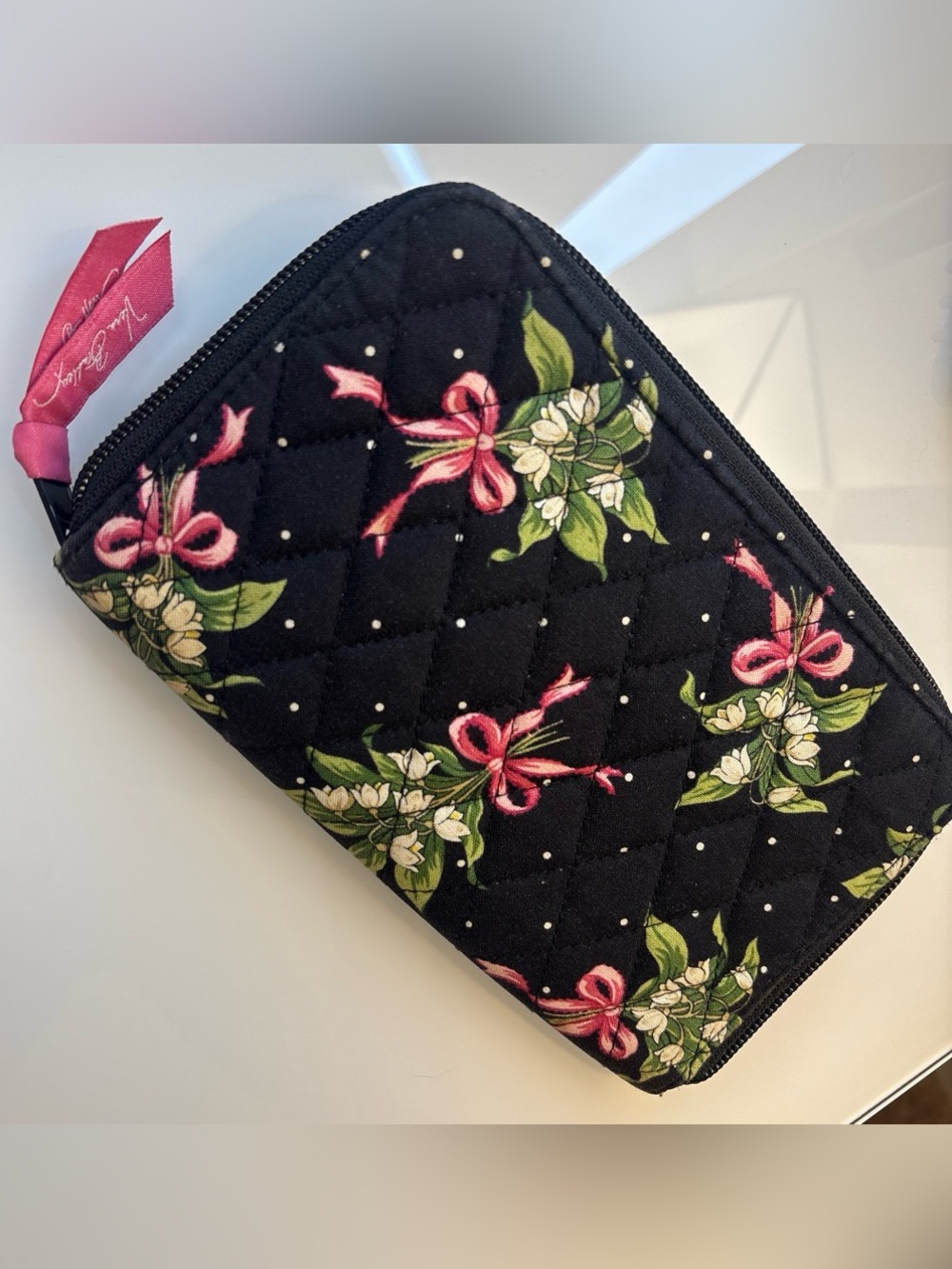 Vera Bradley Black Quilted Zip Wallet with Pink Ribbon Floral Print Y2K